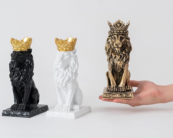 Lion Statue Decor 9 inch Resin, Gold Decor Accent Crown Lion Statue Man Home Office Desk Table Shelf Decoration, Men Father Leo Gift
