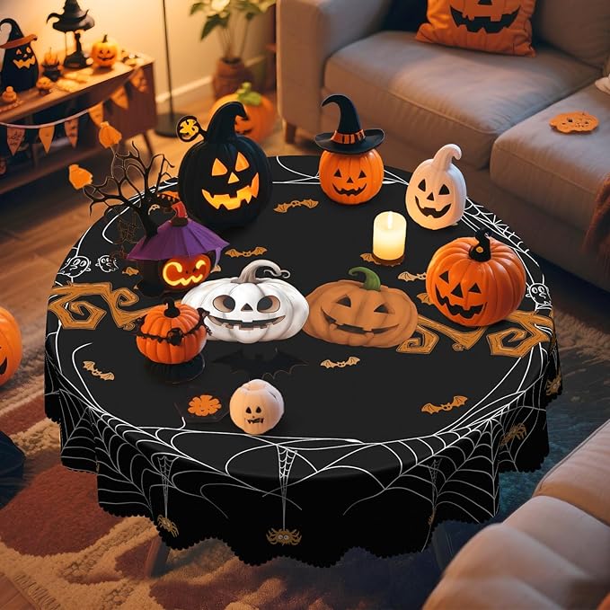 Eikione Round Halloween 70In Tablecloth, Spider Haunted House Decorative Table Cloth, Waterproof and Washable Fabric Table Cover for Party Kitchen Dining Room