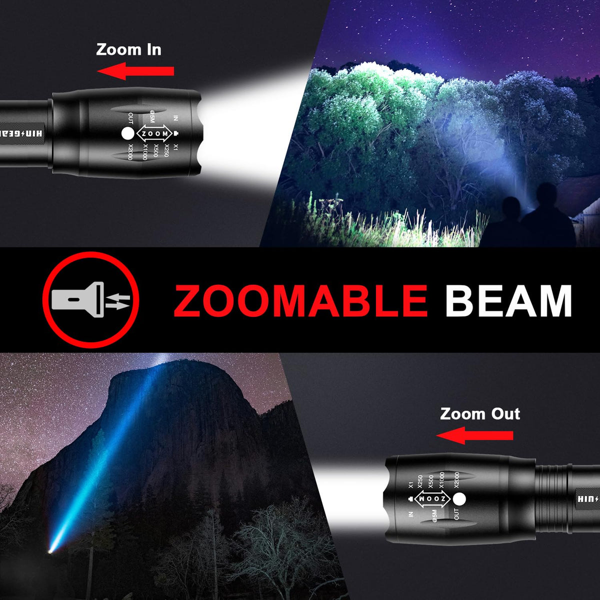 HinsGEAR 1 Mode Flashlights 10 Pack, Bright Zoomable LED Tactical Flashlight High Lumens, Water Resistant Portable Pocket Flash Light for Emergency, Camping Essentials, Gift - SL2000