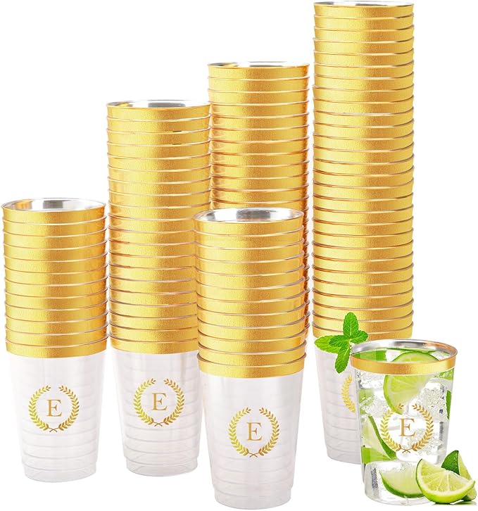 100 Pieces Monogrammed Plastic Cups Gold Foil Letter E Disposable Cups 12 oz Clear Initial Party Cups for Wedding Birthday Baby Shower Personalized Party Drinkware