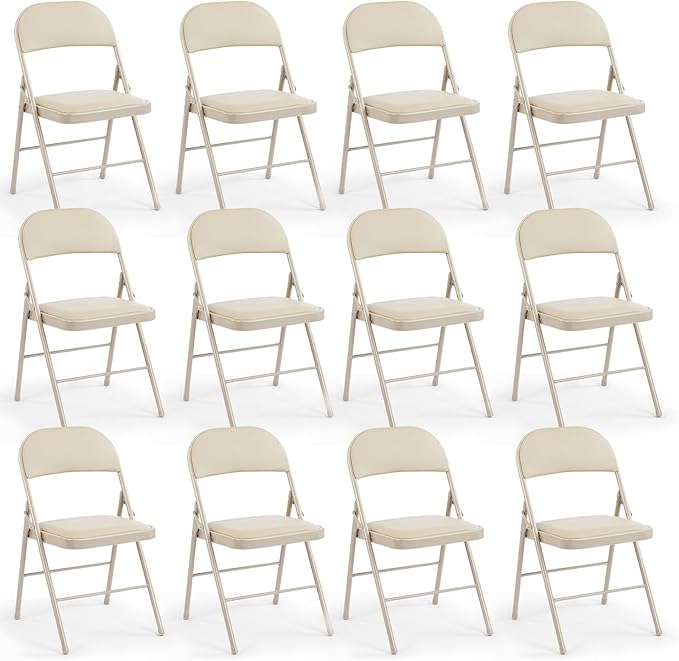 DUMOS 12 Pack Leather Padded Folding Chair, Indoor Outdoor Portable Stackable Commercial Seat with Steel Frame, Capacity for Home, Office, Party, Comfy, Kahki