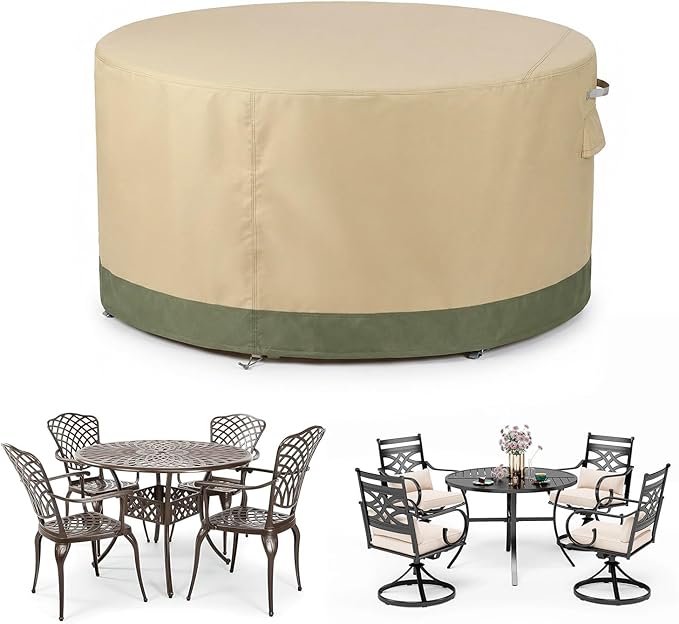 COWVIE Round Patio Dining Set Cover for Outdoor Table and Chairs, 600D Waterproof and UV-Resistant Fabric Patio Furniture Cover with Storage and Air Vent, 108''Dia x 32''H