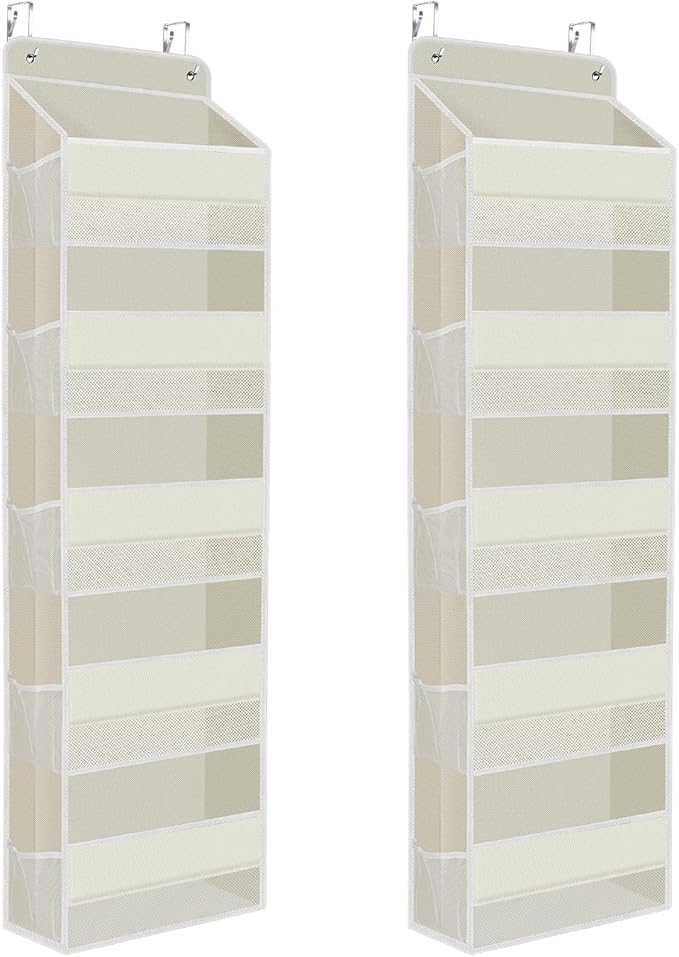 2 Pack Over The Door Organizer, Hanging Storage Organizer with Clear Window, 40lb Ultra Sturdy Large Capacity Room Organizer for Pantry Laundry Bathroom Nursery Closet (Beige)