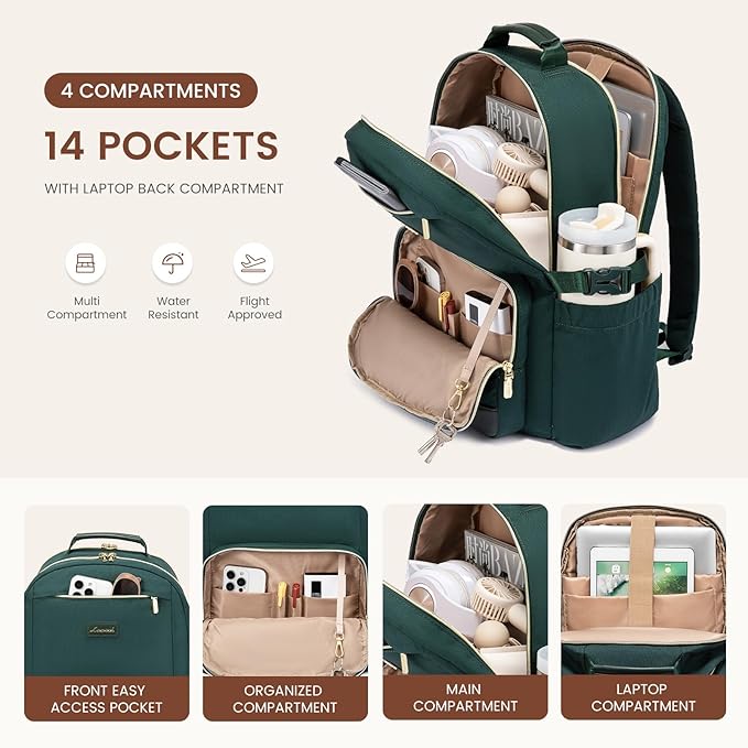 LOVEVOOK Laptop Backpack for Women with Pouch Pocket for Large Capacity Cup,15.6 Inch Laptop Computer Bag Travel Backpack Purse,Waterproof Work Business Backpack College Teacher Bags,Dark Green