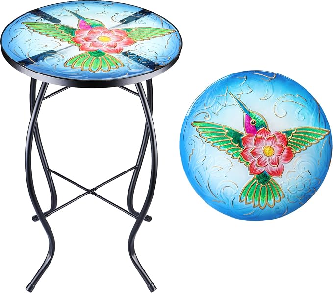 VCUTEKA Patio Side Table Outdoor Accent Table Bistro Coffee Table Plant End Table Small Porch Table Indoor Round Glass Balcony Plant Table Stands Hummingbird 14''