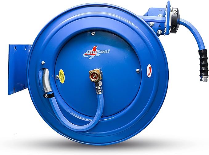 BLUSEAL BSWR1250HRS Retractable Hose Reel with 1/2" x 50' Hot Water Rubber Hose, 6' Lead-in, Hose Reel Swivel Mount, 9 Pattern Spray Nozzle