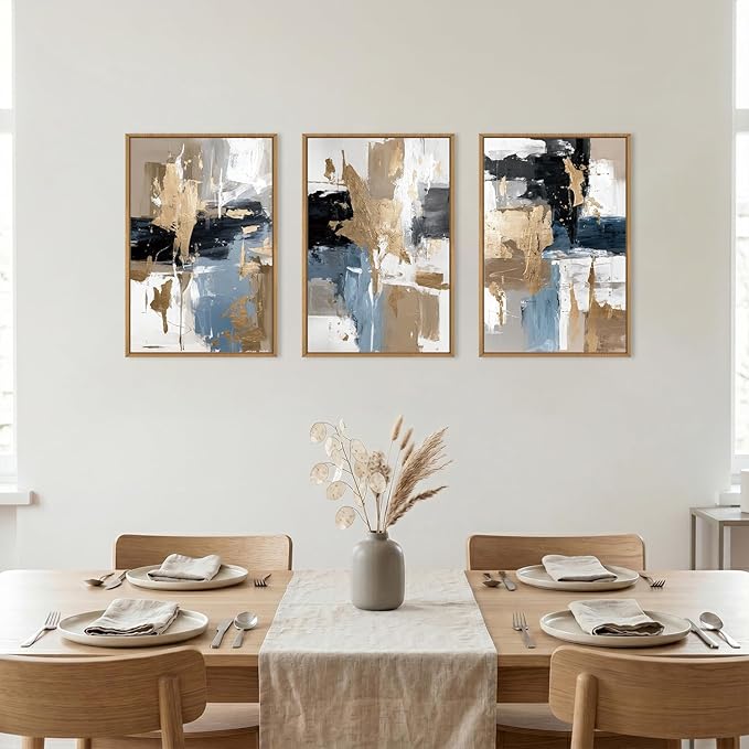 KAIRNE Blue and Gold Abstract Framed Canvas Wall Art Set,Minimalist Brush Strokes Wall Decor,Modern Textured Art Prints,Neutral Brown Black Artwork for Living Room,Bedroom,Farmhouse,Office-24 x36 x3
