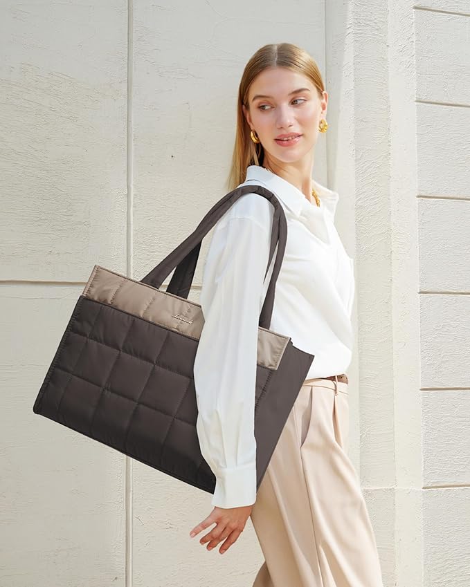 LOVEVOOK Tote Bag for Women, Puffer Work Handbag 15.6 Inch Laptop Purse for Nurse Teacher, Large Quilted Travel Tote Shoulder Bag with Zipper for College Office Clinical Gym, Khaki-coffee