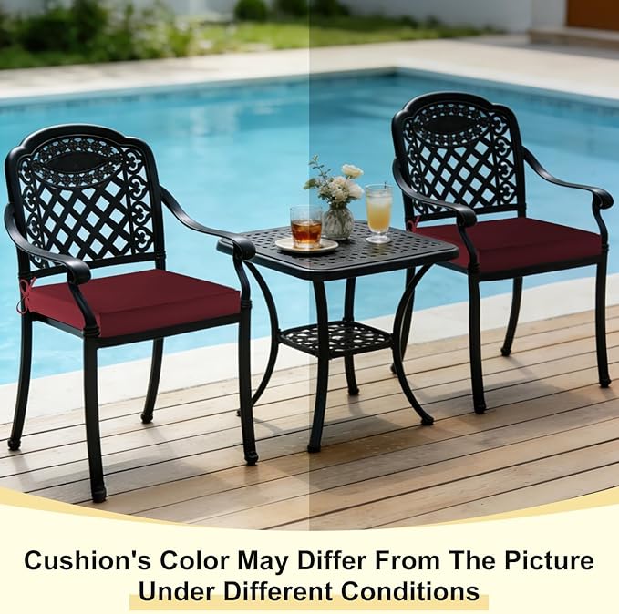 downluxe Waterproof Outdoor Chair Cushions for Patio Furniture, 22" x 22" x 3" Patio Chair Cushion with Adjustable Ties & Portable Handle, Square Outdoor Cushion with Removable Cover, Burgundy, 2 Pack