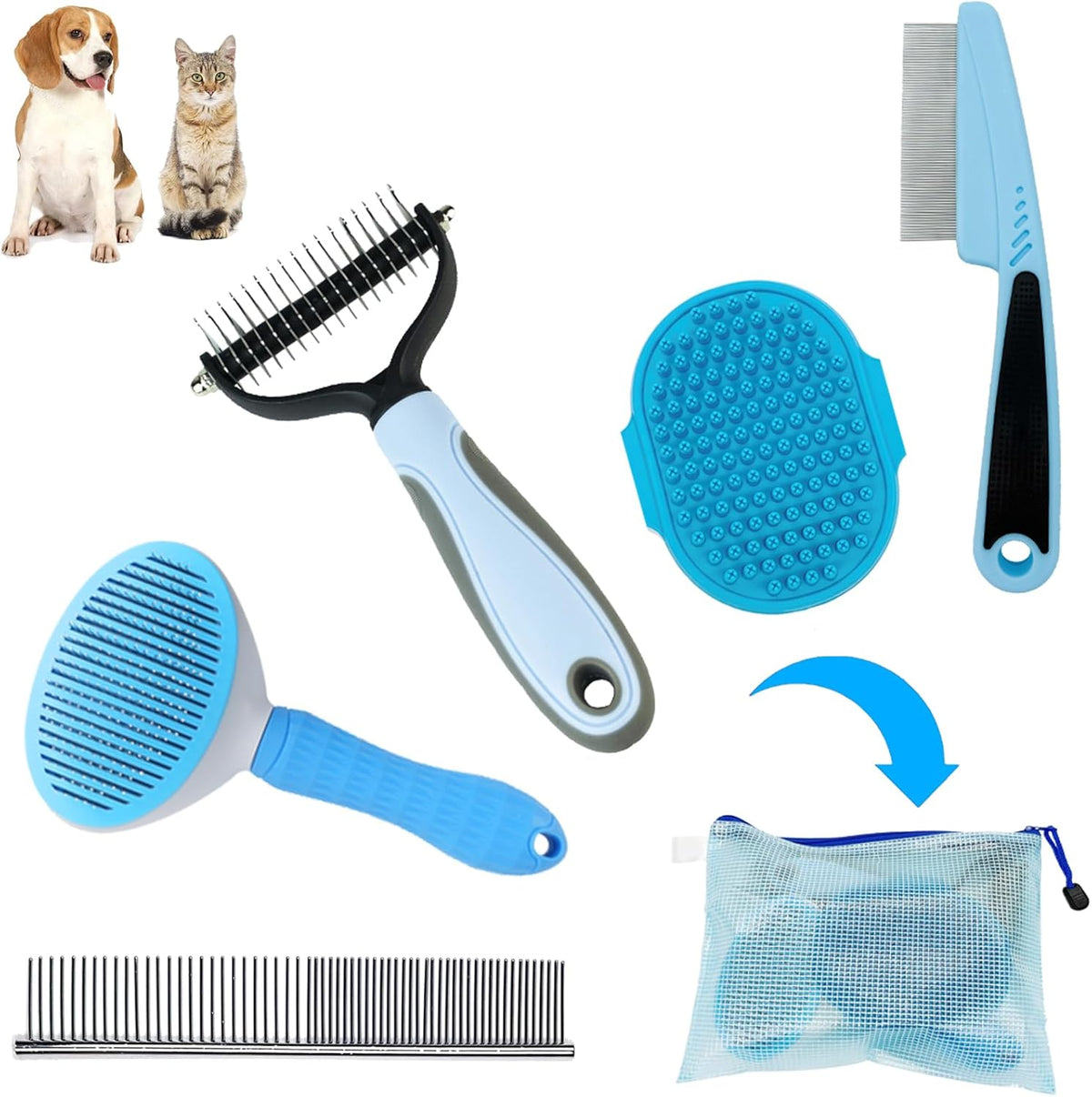 Skiennix Dog Brush Grooming Kit - 5PCS Set for Shedding, Flea Comb & Slicker Brush | Blue