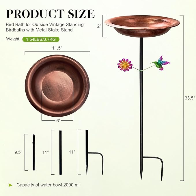 Outdoor Metal Bird Bath Garden Stake–33.5" Tall Vintage Bronze Birdbath with 11.5" Copper Bowl–Decorative Hummingbird & Flower Freestanding Feeder for Yard, Patio,Lawn & Garden Art Gift
