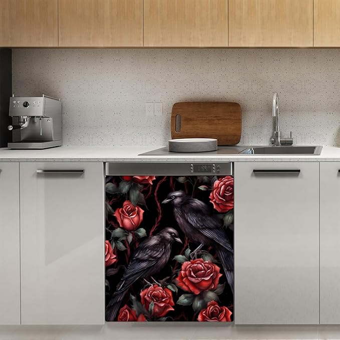 Dishwasher Magnet Cover Halloween Rose Crows Reusable Dishwasher Magnetic Cover Sticker Decorative Dish Washer Door Cover Panel for Home Kitcen Appliance