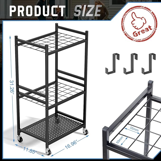 DAOUTIME Garden Organizer With Wheels, Yard Tower Rack for Garage Storage, Up to 35 Long-Handled Tools, Sturdy Metal Steel Holder With 3 Hooks, Outdoor, Black
