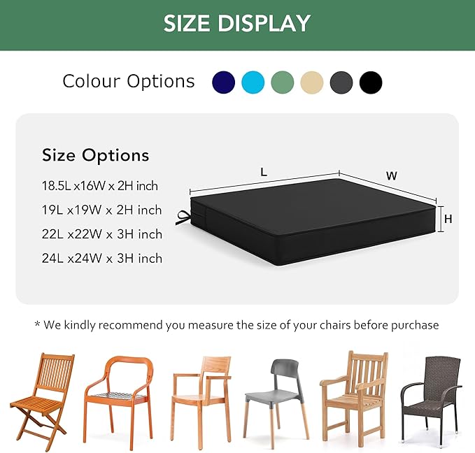 Outdoor Chair Cushions Set of 6: Waterproof & Color Fastness Seat Cushion for Patio Furniture - 22 x 22 x 3 Inch Chair Pads with Ties and Hidden Zipper - Patio Chair Cushion Replacement, Black