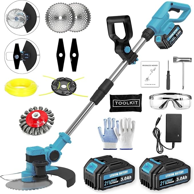 Electric Weed Wacker Cordless, with 2 X 21V 3.0Ah Battery Powered, 4 in 1Cordless Weed Eater & Brush Cutter with 4 Types Cutting Blades for Lawn Yard Garden