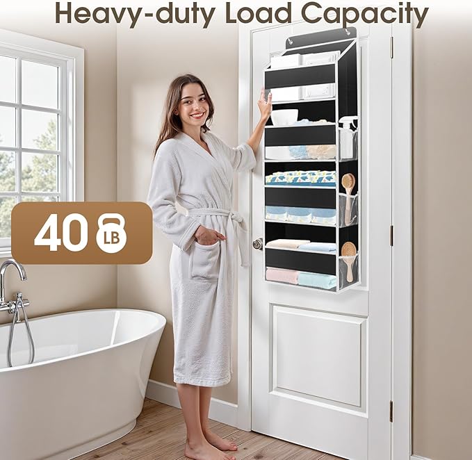 2 Pack Over The Door Organizer, Hanging Storage Organizer with Clear Window, 40lb Ultra Sturdy Large Capacity Room Organizer for Pantry Laundry Bathroom Nursery Closet (Black)