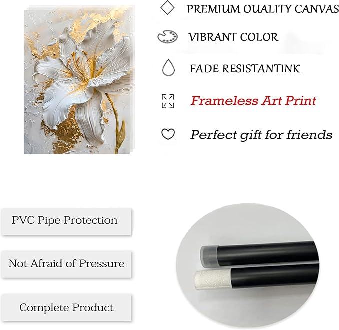 3Pcs Abstract Golden White Flower Wall Art Boho Gold Foil Blossom Canvas Oil Painting 2D Plane Textured Floral Wall Decor Nordic lily Posters Prints for Living Room Bedroom Office Pictures Unframed