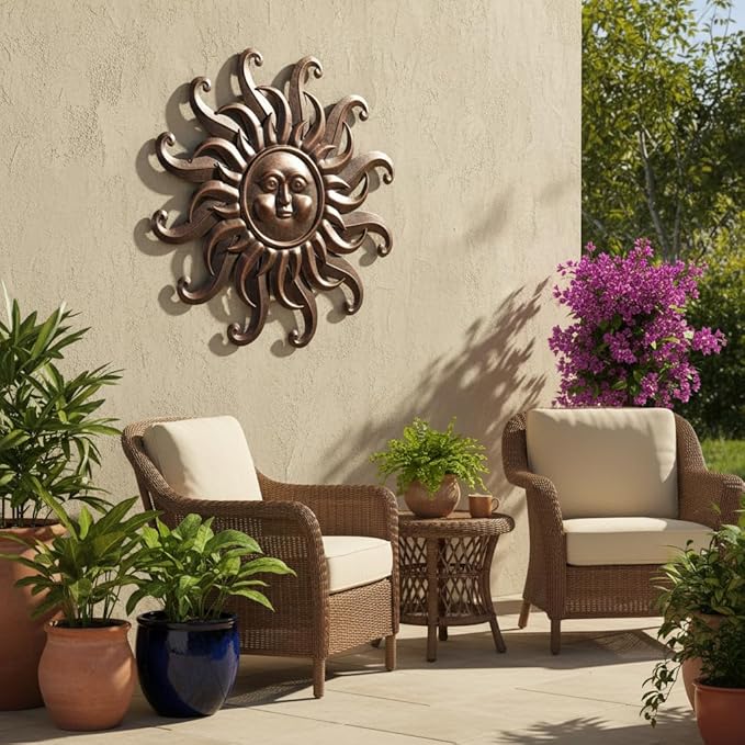 Comfy Hour 25" Bronze Metal Sun Face Wall Art, Antique Vintage Celestial Figurine Style Home Decor, Large Outdoor Garden Sculpture, Patio 3D Decor, Farmhouse Rustic,