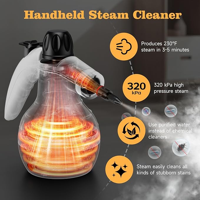 TICYACK Handheld Steam Cleaner, Steam Cleaner with 16 PCS Accessory & Safety Lock, Capacity, Multi-Surface Deep Cleaning for Home, Car, Bathroom, Grout, Floor, Window(White/Black)