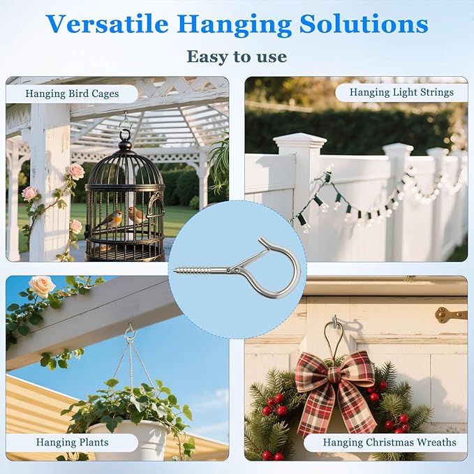 24 Pack Silver Screw Hooks with Safety Buckle - 2.3 Inch Rustproof Eye Ceiling Hooks for Hanging Plants,Outdoor String Lights,Baskets,Christmas Lights & Decor,40lb Capacity (24, Silver)