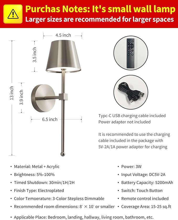 KDG Cordless Wall Sconces Set of 2, Wireless 5200mAh Rechargeable Battery LED