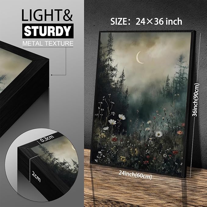Dark Flower Field Poster Vintage Moody Academia Wall Art 24X36 inch Black