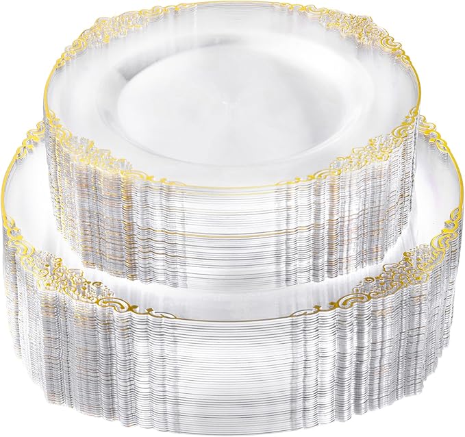 100 PCS Clear and Gold Plastic Plates for 50 Guests, Clear Disposable Plates Include 50 PCS Dinner Plates, 50 PCS Dessert Plates for Party, Wedding and Graduation