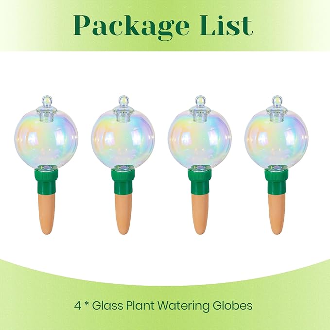 Hewory Glass Plant Watering Globes: 4 Pcs Iridescent Water Bulbs for Indoor/Outdoor Plants - 9oz Watering Devices with Terracotta Water Spikes