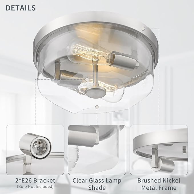 Brushed Nickel Flush Mount Ceiling Light, 2-Light Hallway Light Fixtures, Modern Farmhouse Farmhouse Ceiling Light Clear Glass for Kitchen Porch Entryway Indoor Outdoor