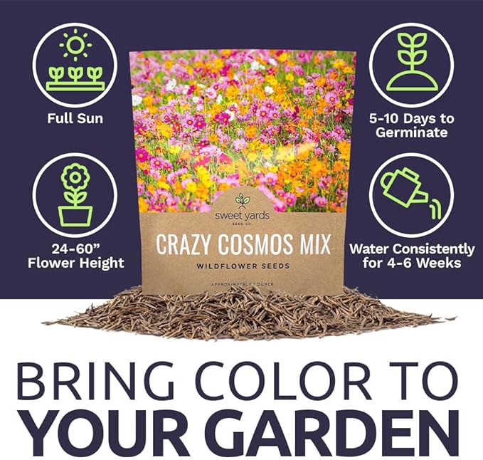 Cosmos Seeds Wildflower Mixture - Bulk 1 Ounce Packet - Over 5,000 Seeds - Pink, Yellow, Orange, Red, Purple and White Mixed Species!