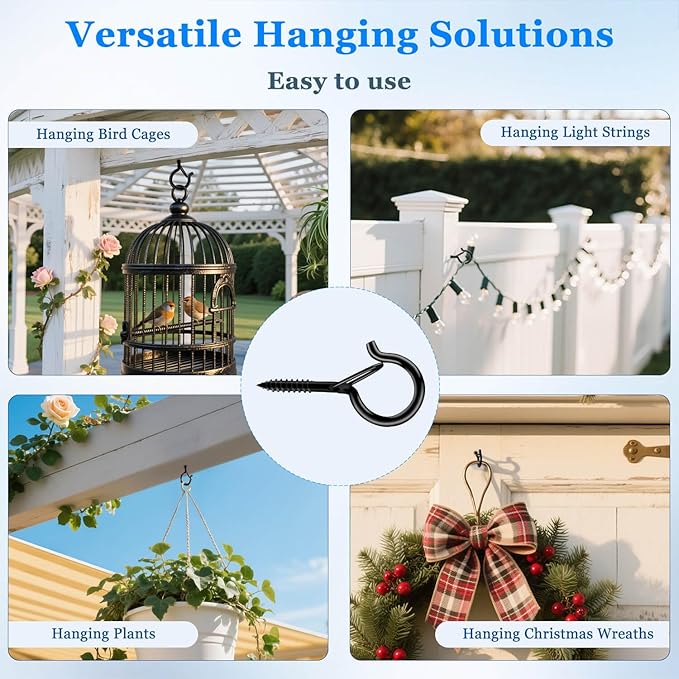 24 Pack Black Screw Hooks with Safety Buckle - 2.3 Inch Rustproof Eye Ceiling Hooks for Hanging Plants,Outdoor String Lights,Baskets,Christmas Lights & Decor,40lb Capacity (24, Black)