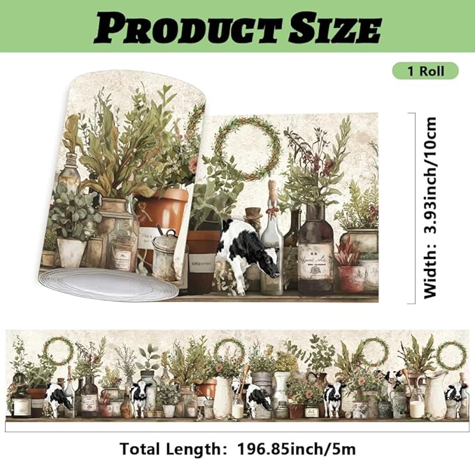 Farmhouse Wallpaper Border Wall Border Trim Peel and Stick 19.7 x 4 Inch Cattle