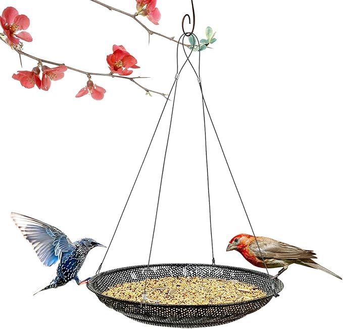 CQAIRIOU Upgraded Hanging Bird Feeder Tray,11.8” Stainless Steel Large Platform Metal Mesh Seed Tray for Backyard Garden Attracting Outside Wild Birds