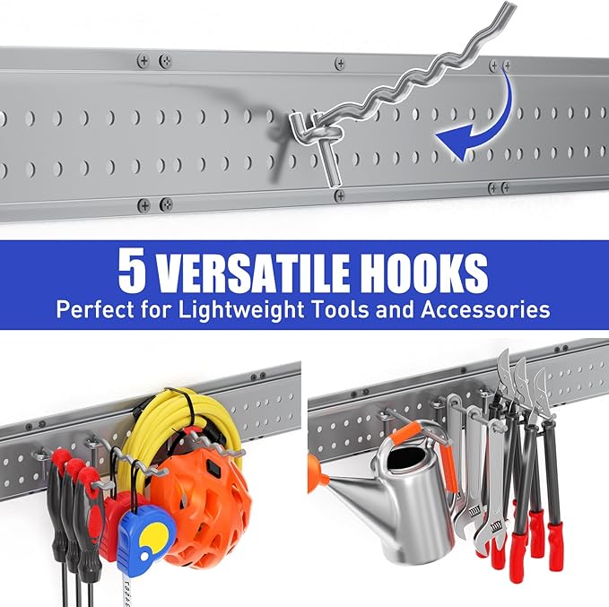 Garage Tool Organizer Wall Mount 66 inches with 13 Adjustable Heavy-Duty Hooks, Garage Organization, Garden Tool Storage Rack, Yard, and Shed, Holds Up to 520 lbs (Grey)