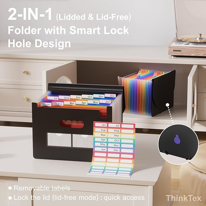 ThinkTex Accordion File Organizer, 12 - Pocket Expanding File Folders for Paper Receipts, Bills & Taxes Organizer, Letter/A4 Size Document Holder for School, Office, Home with Colorful tabs- Black