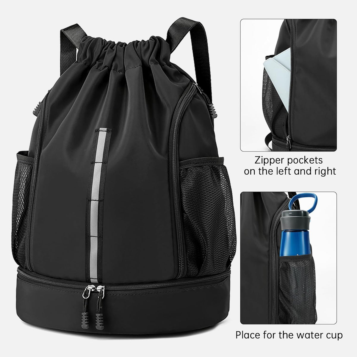 Skiennix Sport Gym Bag - Drawstring Backpack with Shoe Compartment & Reflective Strips | Black
