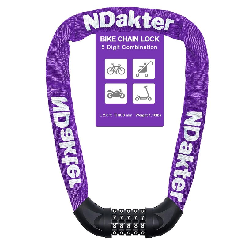 NDakter Bike Chain Lock, 5 Digit Combination Heavy Duty Anti Theft Bicycle Chain Lock,2.62/3.2/4.27/5/6Ft Long Security Resettable Bike Locks for Bike, Bicycle, Scooter, Door, Gate, Fence-4/6mm Thick
