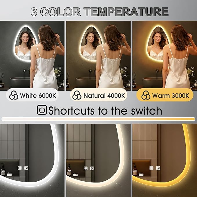 16x24 LED Bathroom Mirror with Lights Irregular, Lighted Bathroom Vanity Mirror