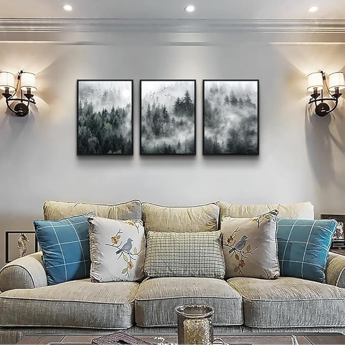Canvas Wall Art for Living Room and Bedroom - Modern Foggy Forest Trees Landscape Painting - Office and Home Decor - Ready to Hang Black Framed Pictures