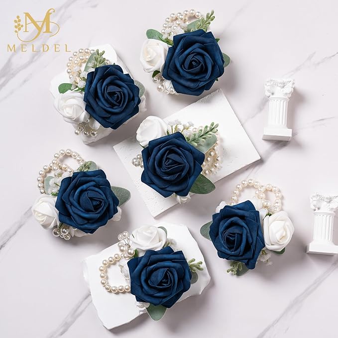 Meldel Blue Wrist Corsage,Set of 6, Prom Wrist Flower Girl/Mother Corsages Wristlet Perfect for Bride Bridesmaids Wedding Guests Hand Flower, Party, Homecoming, Ceremony Anniversary
