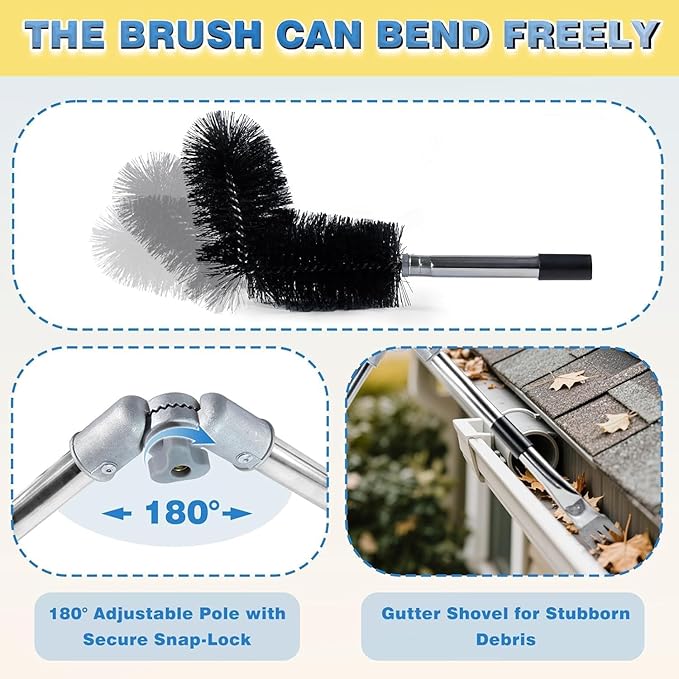 Gutter Cleaning Tools from The Ground, 13.1FT Adjustable Gutter Cleaner Pole with 180° Pivoting Head & Replaceable Brush, 10-Section Leaf Cleaning Tool - No Ladder Needed