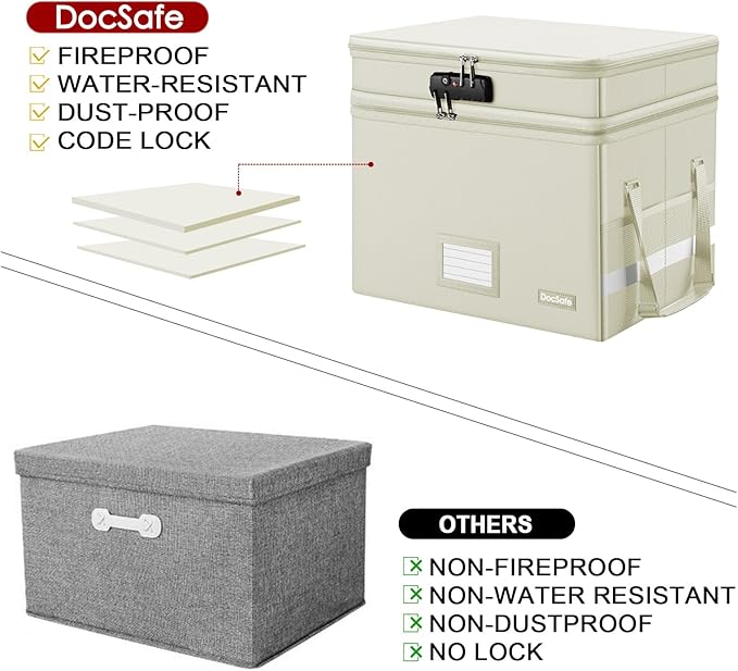 DocSafe File Box with Lock,Multi-Layer Fireproof Document Box Collapsible File Storage Organizer with Pockets/Handle,Large Portable Home Office Filing Box for Hanging Letter/Legal Size Folders,Beige