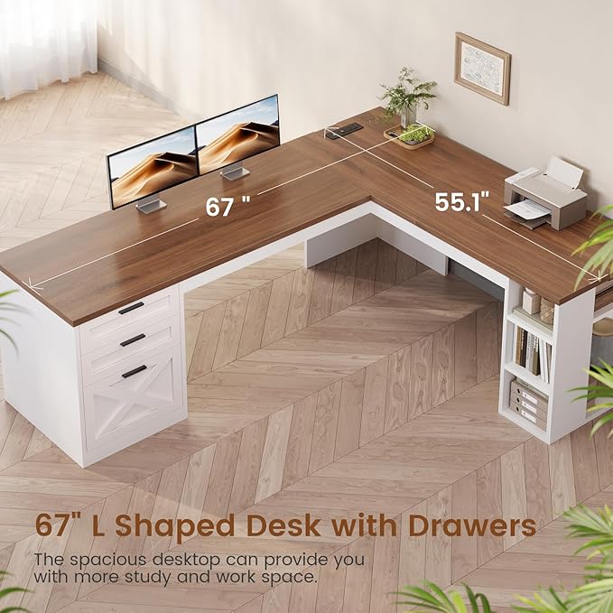 SEDETA Farmhouse 67" L Shaped Desk with 3 Drawers, White Corner Computer Desk with Storage Shelves, Home Office Desks with Power Outlets，Executive Desk for Home Office, White and Brown