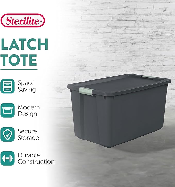 Sterilite 4 Pack 34 Gallon Latch Tote, Stackable Plastic Storage Bin Container, Gray/Green