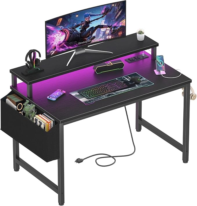 Lufeiya Small Desk with Power Outlets and LED Lights, 32 Inch Teen Writing Study Table Home Office Computer Desks with Monitor Stand, Gaming Desk with Charging Station, Black