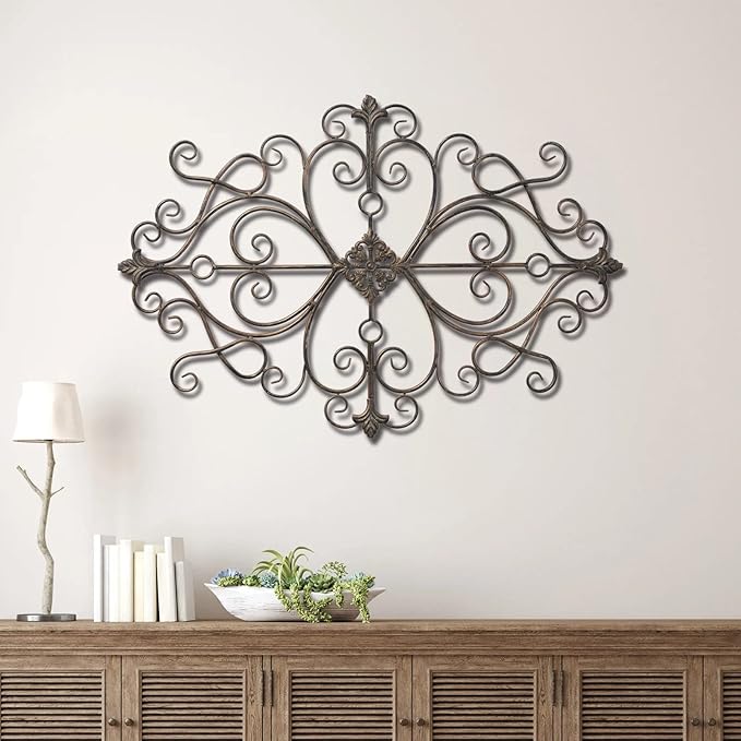 Sintosin Vintage Scroll Wrought Iron Wall Decor 36" x 24", Hanging Distressed Finish Traditional Large Metal Art Wall Decor for Living Room Bedroom Fireplace, Antique Outdoor Metal Home Decor