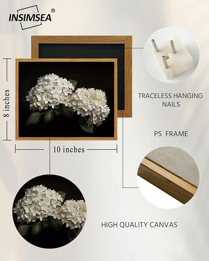 InSimSea Framed Canvas Prints Art Vintage Decor, Flower Moody Hydrangea Still Life Painting Room Decor Aesthetic, Farmhouse Art, Botanical Floral Wall Pictures for Bedroom Kitchen Shelf, 8x10inch
