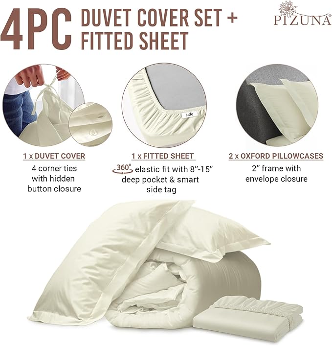 Pizuna 100% Cotton Full 3 Pc Duvet Cover + 1 Pc Fitted Sheet Set 400 Thread Count Off White Sateen Weave Luxurious Long Staple Cotton 4 Piece Bedding Set -1 Duvet Cover, 2 Pillow Shams, 1 Fitted Sheet