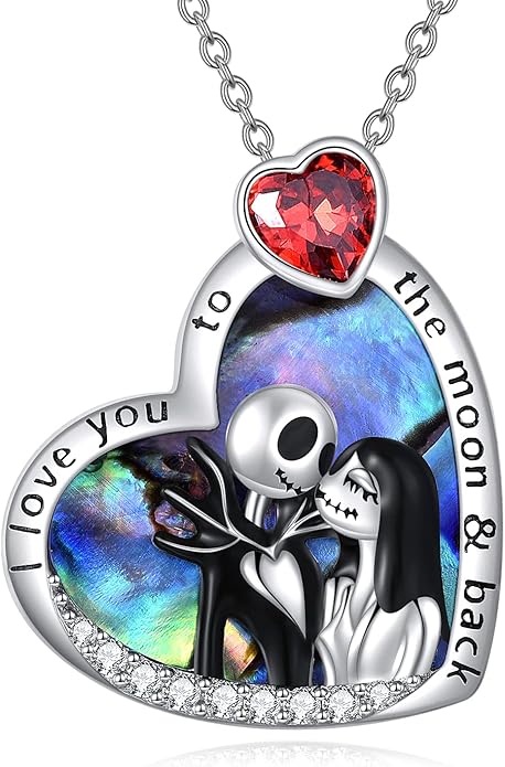 LILALO Christmas Gifts Nightmare Necklace Sterling Silver Abalone Shell Crystal Jack and Sally Necklace Jack Skellington Skull Jewelry Skull Necklaces for Women