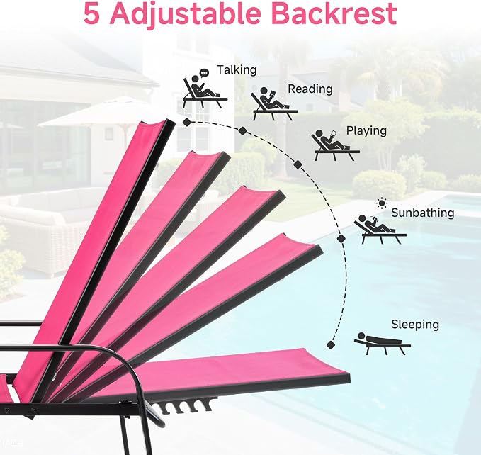 DUMOS Outdoor Lounge Chaise, 5-Position Chaise Lounge with Armrests, Sun Tanning Chair 350 lbs Heavy Duty Patio Pool Chair, Waterproof Sun Lounger for Deck, Backyard, Beach & Poolside, Pink